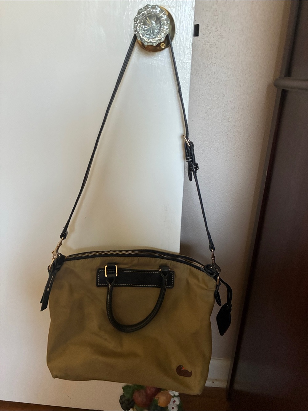 Olive Green Messenger Bag with Black Trim and Adjustable Strap